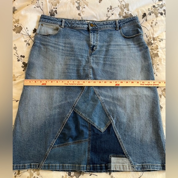 WRAP LONDON BLUE DENIM PATCHWORK A-LINE MIDI SKIRT SZ. 18 - Picture 10 of 11